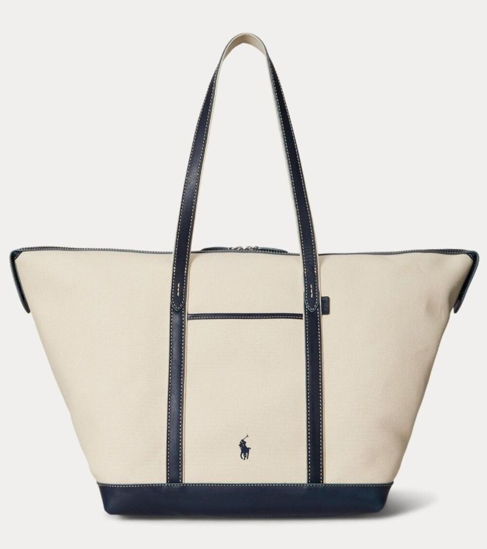 Polo Ralph Lauren Leather Trim Canvas Large Shopper Tote Ecru/Navy